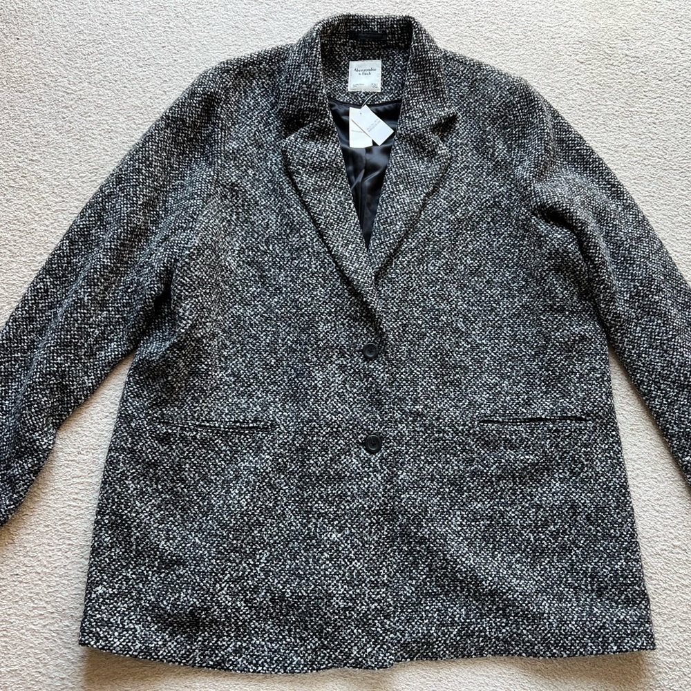 Abercrombie & Fitch Women Textured Woven Single Breasted Blazer Coat BLACK White